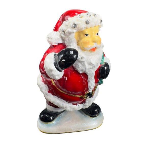 Santa Claus Christmas Enamel Over Metal Bejeweled Hinged Trinket Box Pill Box - Picture 3 of 13